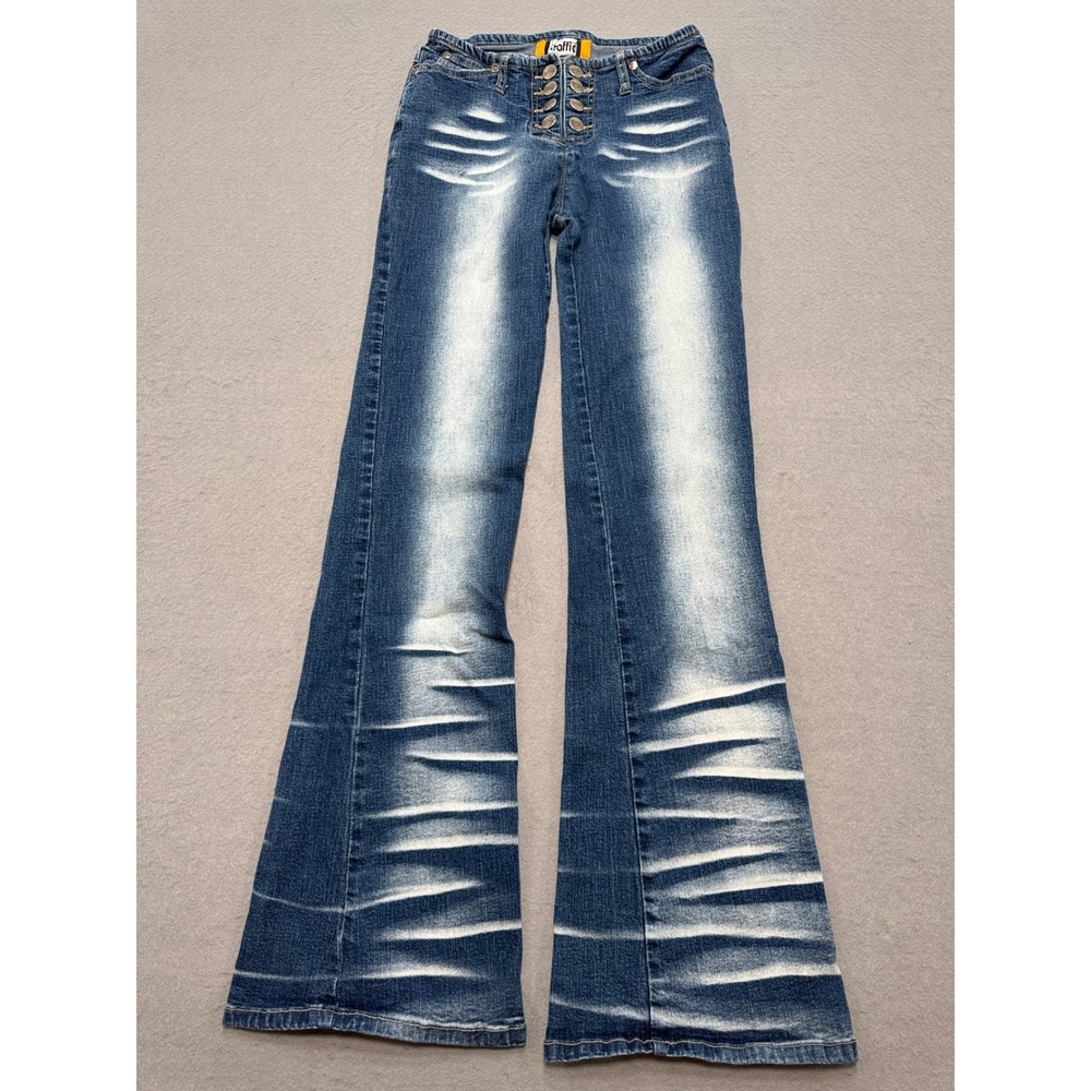 Y2K Flared Faded Jeans Women's 2/24 Blue Denim‎ Whiskered Button Fly Traffic